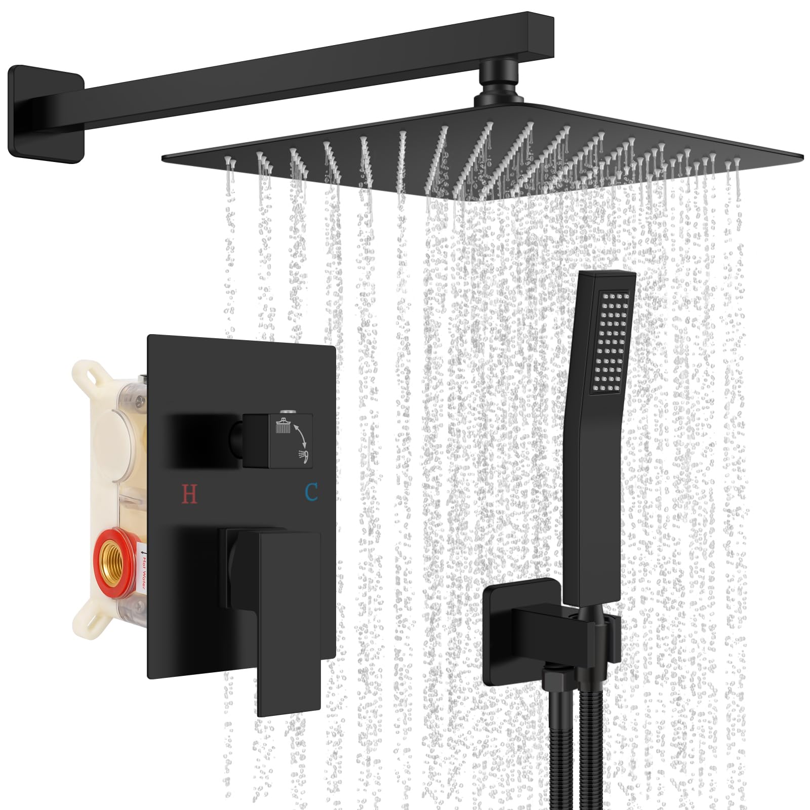 Baetuy Black Shower Faucet Set, Rainfall Shower System with Rain Shower Head and Handle Set, Wall Mounted Shower Fixtures With Shower Valve and Trim Kit 10 inch Matte Black