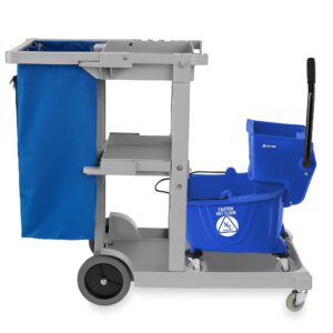 Dryser Commercial Janitorial Cleaning Cart on Wheels with Shelves and Vinyl Bag & Commercial Mop Bucket with Side Press Wringer, 26 Qt. Blue