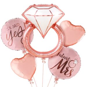 katchon, diamond ring foil balloon set - pack of 5 | future mrs balloons | she said yes decorations | bridal shower balloons for bachelorette party decorations, rose gold bridal shower decorations