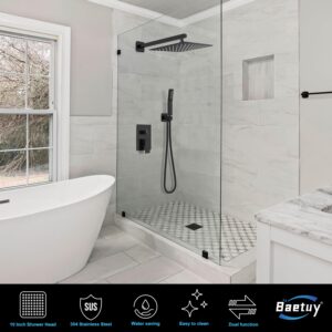 Baetuy Black Shower Faucet Set, Rainfall Shower System with Rain Shower Head and Handle Set, Wall Mounted Shower Fixtures With Shower Valve and Trim Kit 10 inch Matte Black