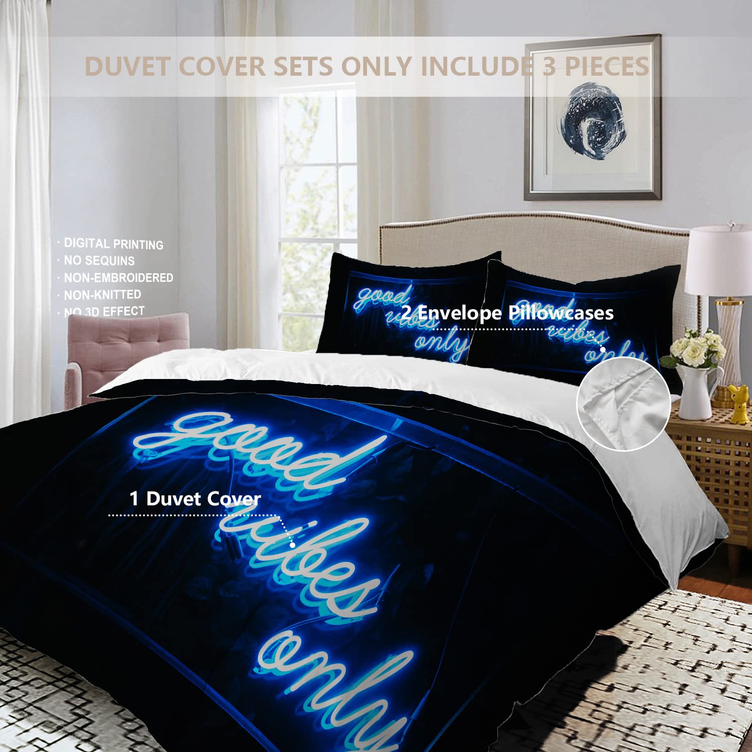 BaoNews Blue Neon Signage Duvet Cover Set Full Size,3 Pieces Good Vibes Only Words Blue Neon Bedding Set Hotel Quality 100% Cotton Comforter Cover Set with 2 Pillowcases(No Filler)