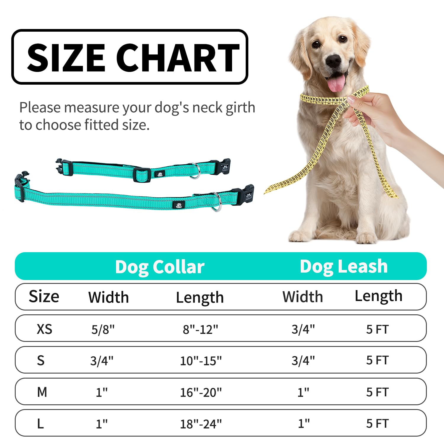 NESTROAD Reflective Dog Collar and Leash Set,Soft Neoprene Pet Collar with Quick Release Buckle,Adjustable Nylon Dog Collars for Small Medium Large Dogs(Medium Collar + 5FT Leash,Teal)