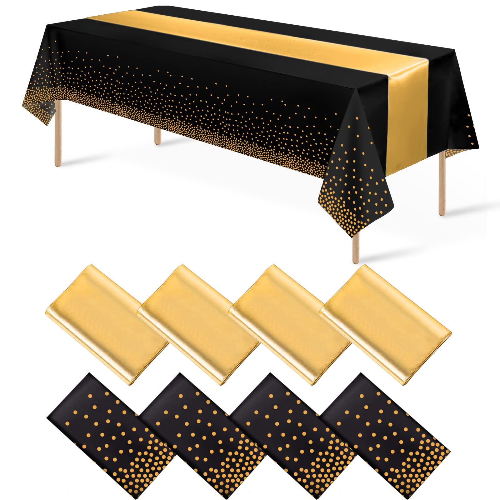 8Pack Disposable Plastic Tablecloths and Satin Table Runner Set Black Gold Dot Table Cloth Gold Satin Table Runner for Graduation Wedding Birthday Baby Shower Anniversary Holiday Party Decorations