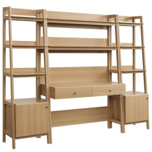 modway bixby 3-piece home office desk and bookshelf display case in oak