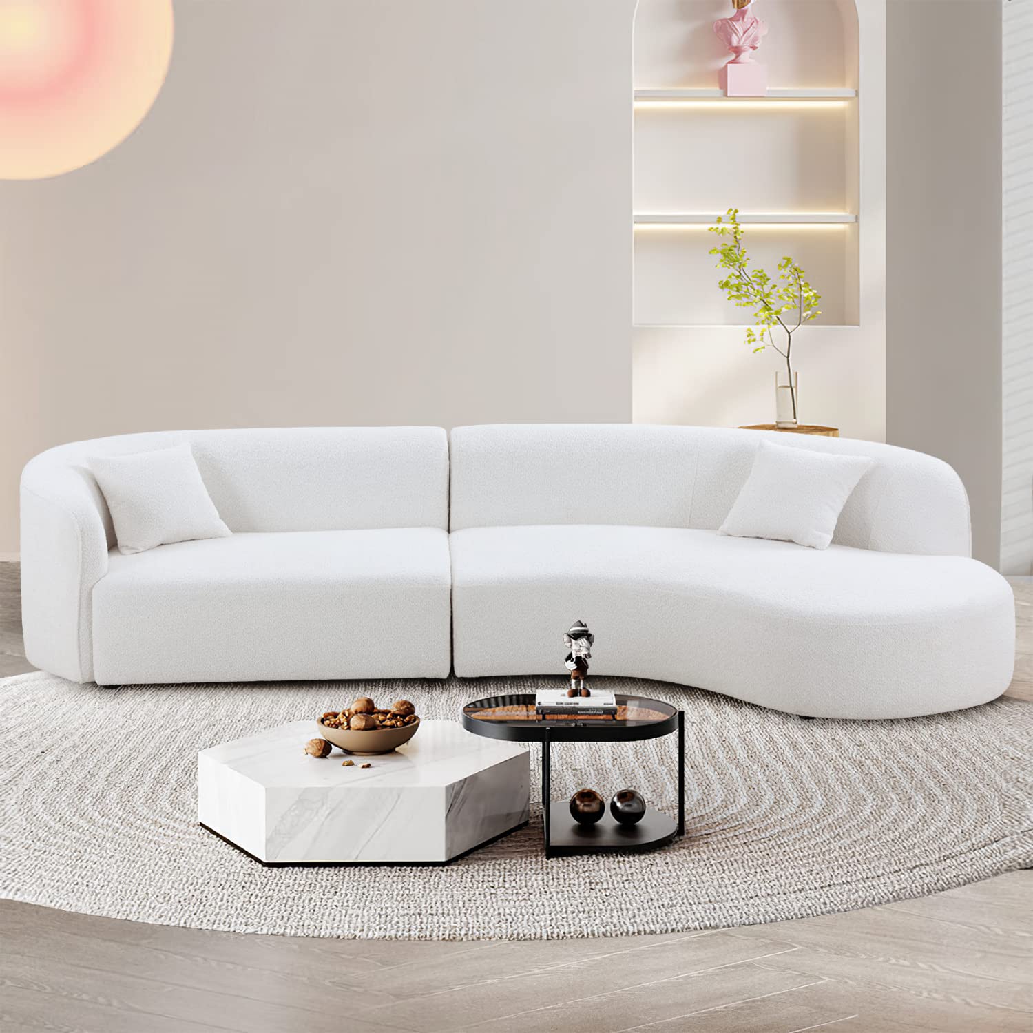 KEVINSPACE 126.37" Modern Curved Sofa Luxury Style Living Room Sectional Sofa Lounge Chaise Upholstery with Chaise 2-Piece Set, Fully Assembled Right Hand Facing Sectional, Pearl Couch, White