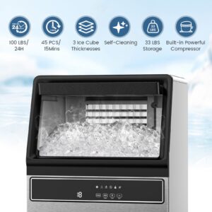 COWSAR Commercial Ice Make Machine100 lbs/24H, 45 Ice Cubes/Cycle Upgrade Stainless Steel Ice Maker with Self Cleaning& 48 Hour Timer for Bar/Cafe/Restaurant/Home, Under Counter Ice Machine