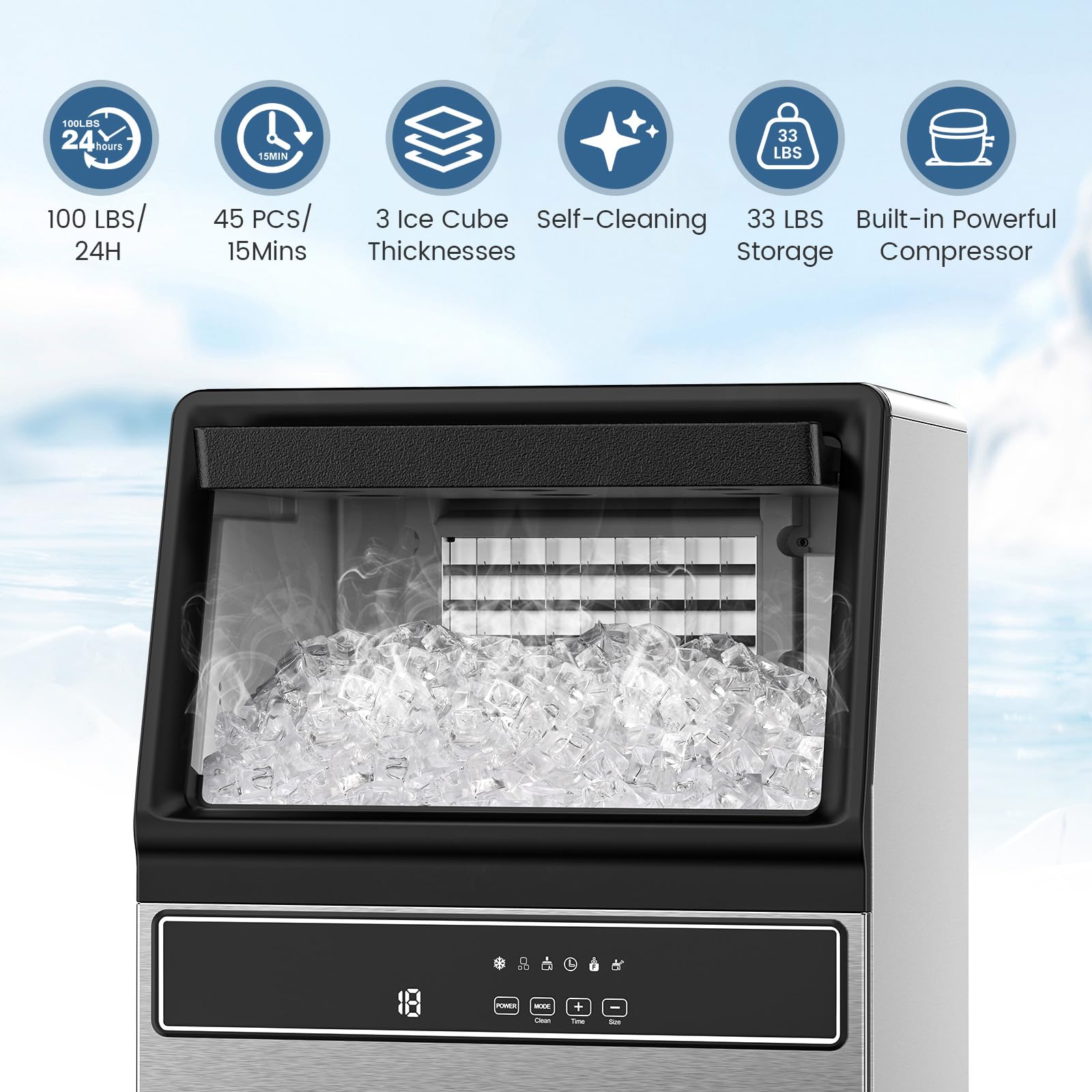 COWSAR Commercial Ice Make Machine100 lbs/24H, 45 Ice Cubes/Cycle Upgrade Stainless Steel Ice Maker with Self Cleaning& 48 Hour Timer for Bar/Cafe/Restaurant/Home, Under Counter Ice Machine