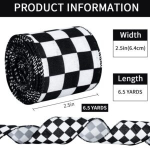 TONIFUL 2.5 Inch Black and White Wired Edge Ribbon, Plaid Check Burlap Ribbon, Blakc White Wired Ribbon for Gift Wrapping, Wreath Bows Making, Crafts Home Party Christmas Tree Decoration（Check，6yds）