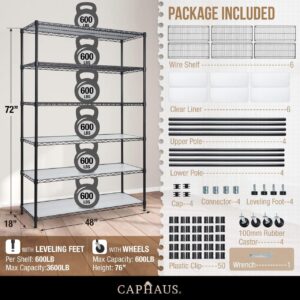 CAPHAUS NSF Commercial Grade Heavy Duty Wire Shelving w/Wheels, Leveling Feet & Liners, Storage Metal Shelf, Garage Shelving Storage, Utility Wire Rack Storage Shelves, w/Liner, 48 x 18 x 76 6-Tier