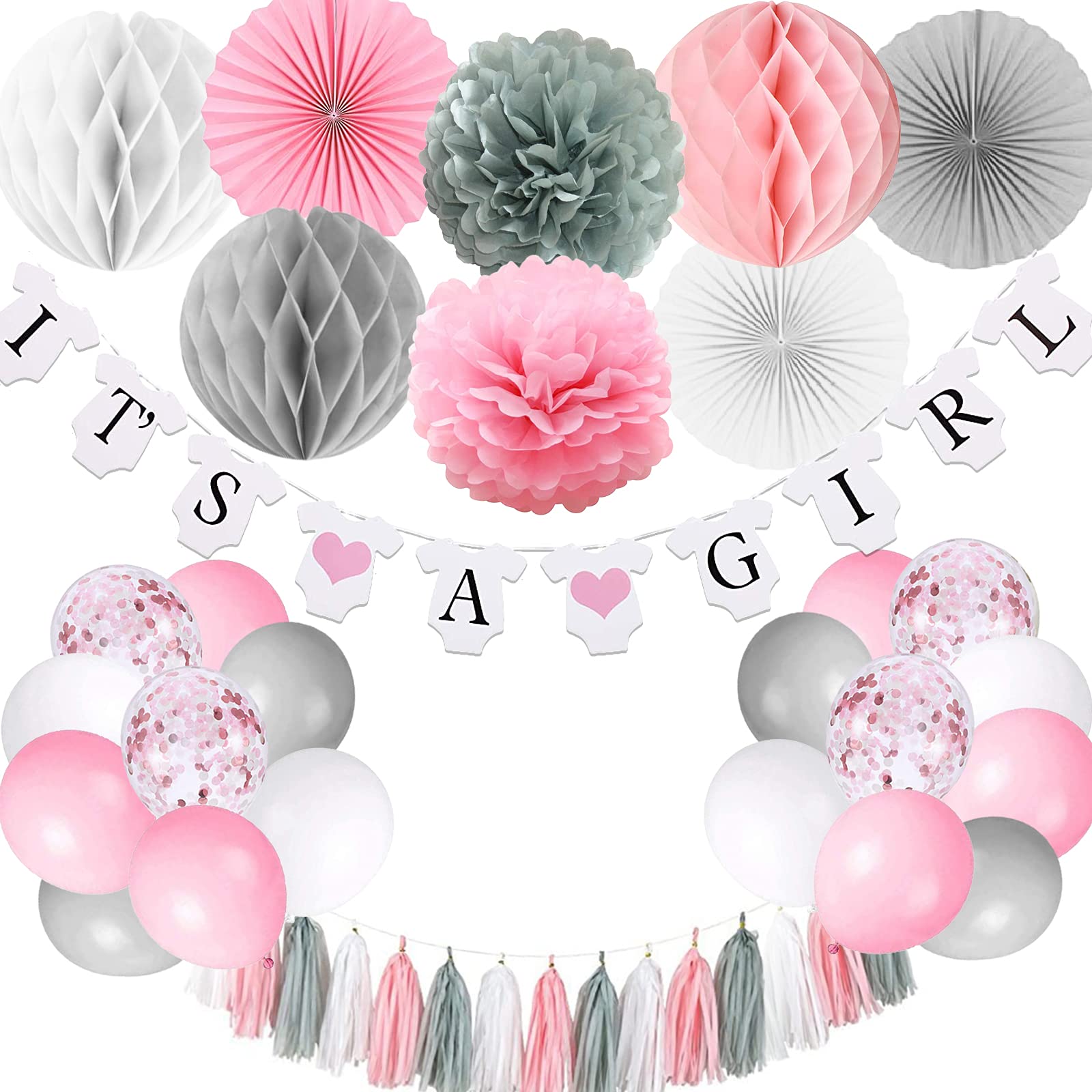 Baby Shower Decorations for Girl, It’s A girl Banner with Paper Fan Tissue Pompoms Honeycomb Ball Party Balloons Foil Tassel, Pink and Grey It’s A girl Baby Shower Decorations