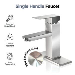 Bathroom Faucet Single Handle 1 or 3 Hole Bathroom Sink Faucet with Glass Soap Dispenser and Towel Hook 304 Stainless Steel, Brushed Nickel