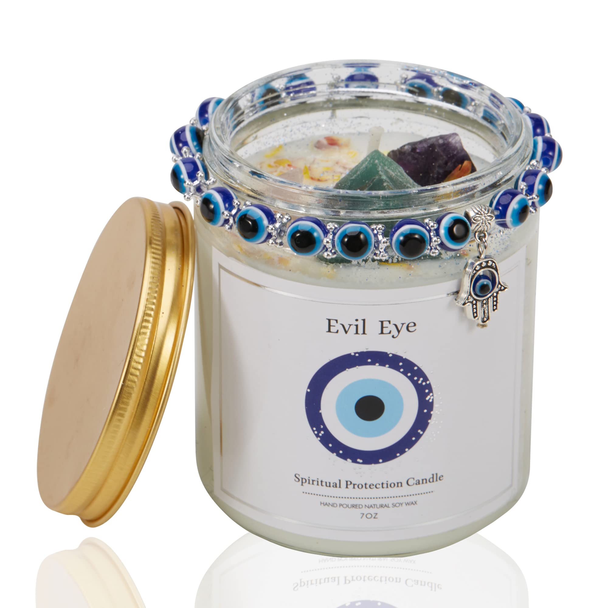 Evil Eye Candle - Evil Eye Decor, Evil Eye Spiritual Protection Candle with Crystals Inside, Healing Crystals Candle, Lavender Scented Candle for Relaxing,Chakra,Luck,Healing,Good Energy