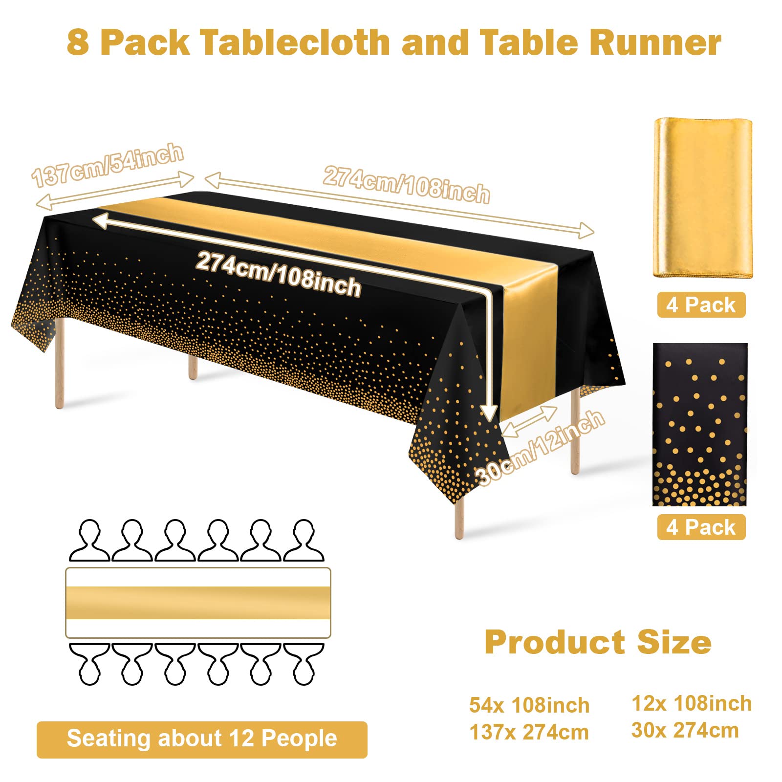 8Pack Disposable Plastic Tablecloths and Satin Table Runner Set Black Gold Dot Table Cloth Gold Satin Table Runner for Graduation Wedding Birthday Baby Shower Anniversary Holiday Party Decorations