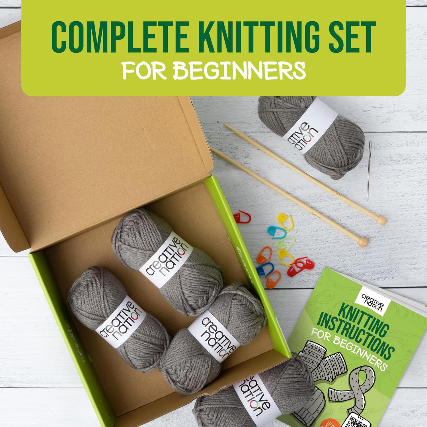 Creative Nation Knitting Kit for Beginners Adults - Complete Knit Kit with Full Color Instruction Booklet, Soft Yarn, Knitting Needles, Yarn Needle, Stitch Markers (Multi-Creative Kit, Gray)