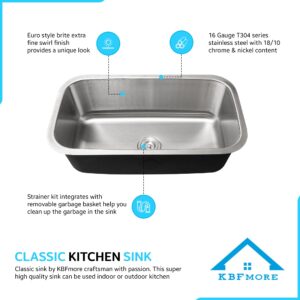 KBFmore 30 Inch Single Bowl 16 Gauge Undermount Classic Kitchen Sink, Swirl Finish Rust Resistant Sound and Heatproof Stainless Steel Sink with Sink Strainer and Bottom Sink Grid