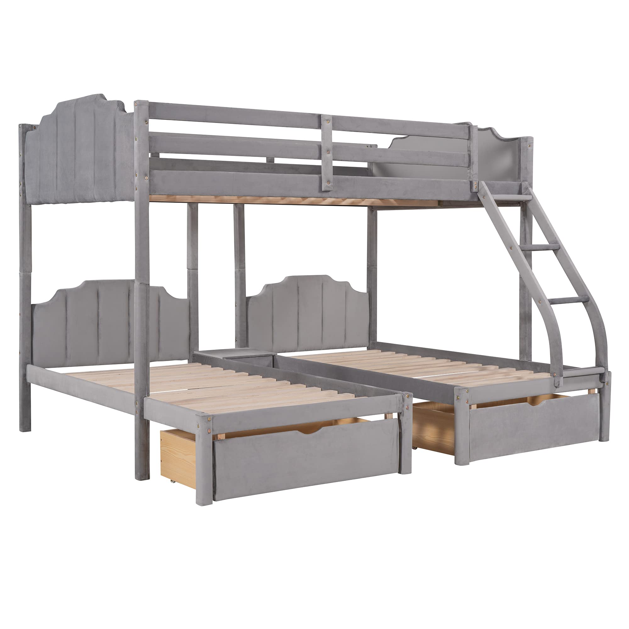 Bellemave Triple Bunk Beds Full Over Two Twin Bunk Bed with Storage Drawers Velvet Upholstered 3 Beds Bunk Bed for Adults Kids Teens Boys Girls, Gray