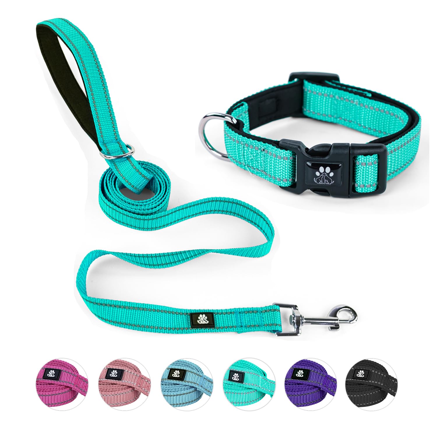 NESTROAD Reflective Dog Collar and Leash Set,Soft Neoprene Pet Collar with Quick Release Buckle,Adjustable Nylon Dog Collars for Small Medium Large Dogs(Medium Collar + 5FT Leash,Teal)