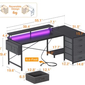 ODK 55-Inch L Shaped Gaming Desk with LED Lights & USB Power Outlets, Reversible Computer Desk with 4 Drawers, Corner Gamer Desk with CPU Shelf & Monitor Stand, Gaming Table for Bedroom, Black