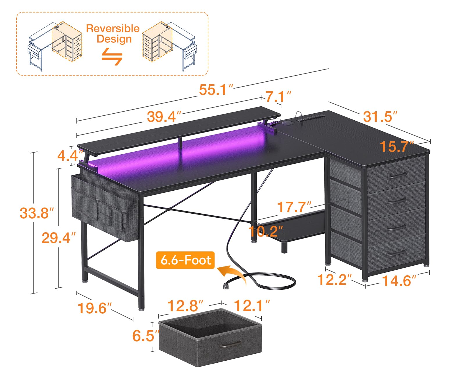 ODK 55-Inch L Shaped Gaming Desk with LED Lights & USB Power Outlets, Reversible Computer Desk with 4 Drawers, Corner Gamer Desk with CPU Shelf & Monitor Stand, Gaming Table for Bedroom, Black