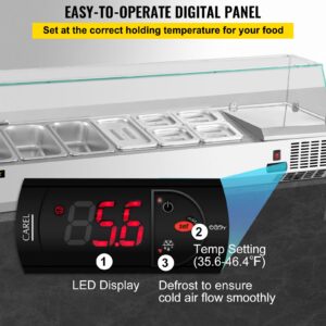 VEVOR Refrigerated Condiment Prep Station, 60-Inch, 16.8Qt Sandwich Prep Table with 4 1/3 Pans & 4 1/6 Pans, 146W Salad Bar with 304 Stainless Body Tempered Glass Shield Digital Temp Display Auto Defr