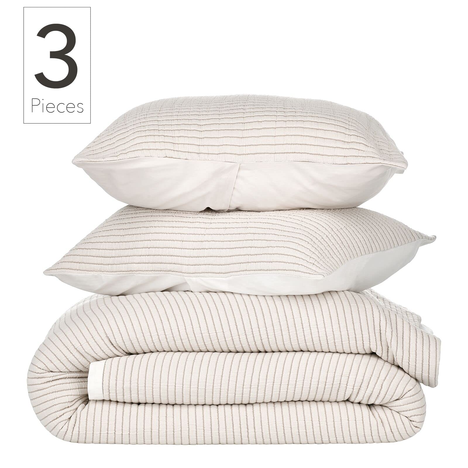 Nate Home by Nate Berkus 3-Piece Cotton Matelasse Duvet Cover Set | Lightweight Breathable Bedding from mDesign - King Size - Includes 1 Duvet Cover, 2 Pillow Shams, Pearl/Morel (Cream)