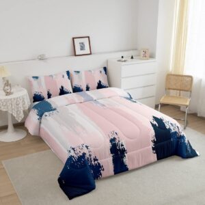 Feelyou Pink Navy Blue Graffiti Comforter Set for Girls Boys Abstract Geometric Comforter Modern Abstract Art Painting Bedding Set Artistic Smear Duvet Set Full Size Quilt Set 3Pcs