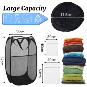 4Pcs Mesh Pop Up Laundry Hamper, FHDUSRYO Foldable Pop Up Hamper, Collapsible Laundry Basket with Carry Handles, Portable Dirty Clothes Basket with 4 Wash Bags, Mesh Hamper for Dorm Bedroom Travel