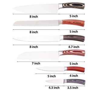 LUVCOSY Colorful Pakkawood Kitchen Knife Set of 6, Stainless Steel Chef Knife with Gift Box, Razor Sharp Bread Knife/Grill Knife/Utility Knife/Paring Knife/Santoku Knife for Home/Kitchen