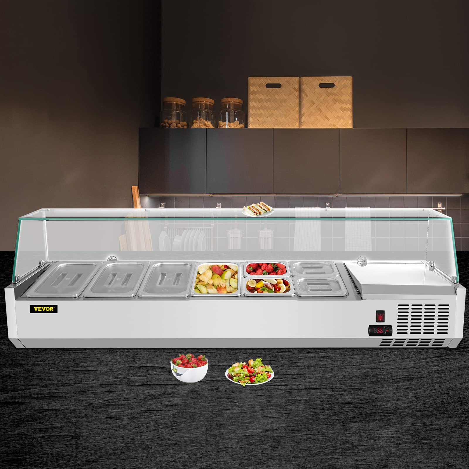 VEVOR Refrigerated Condiment Prep Station, 60-Inch, 16.8Qt Sandwich Prep Table with 4 1/3 Pans & 4 1/6 Pans, 146W Salad Bar with 304 Stainless Body Tempered Glass Shield Digital Temp Display Auto Defr