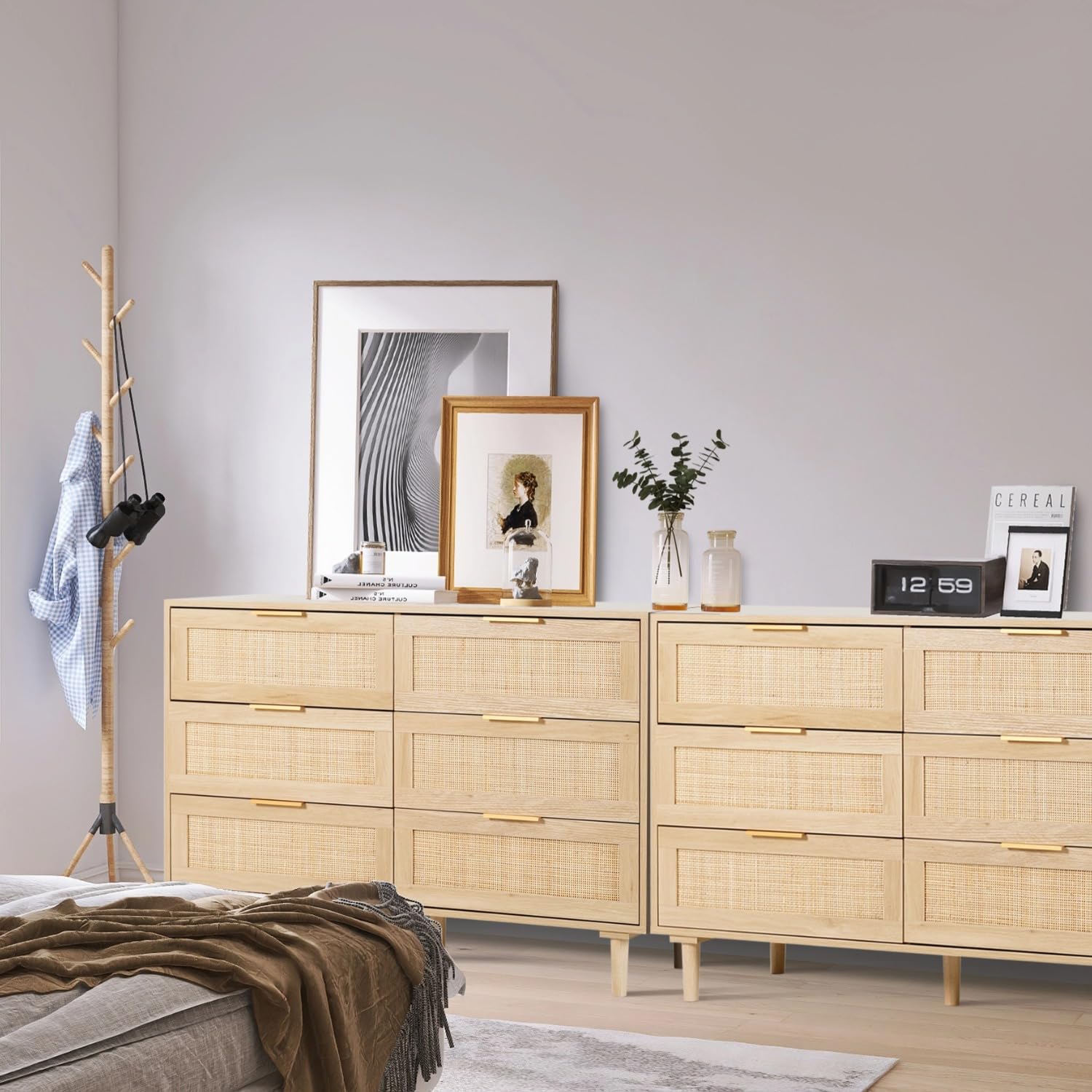 FUQARHY Rattan Dresser for Bedroom, Modern 6 Drawer Double Dresser with Gold Handles, Wood Storage Chest of Drawers fo Bedroom,Living Room,Hallway (Natural)