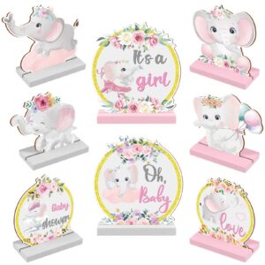 8 pieces pink elephant baby shower decorations elephant table centerpiece wooden baby shower centerpieces for girls cute wooden sign for baby shower birthday photo props party supplies, 8 styles