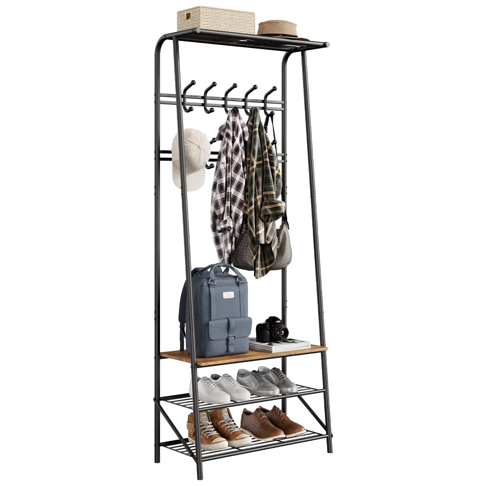 Coat Rack Shoe Bench with 10 Hooks, Hall Trees Entryway Bench with Storage, Multifunctional Hallway Organizer, Wood Look Accent Furniture with Metal Frame