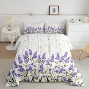 homewish lavender comforter set queen size rustic farmhouse wooden bedding set 3pcs for kids teens girls adult bedroom decor romantic flowers plants quilt set vintage boho duvet insert,2 pillowcases