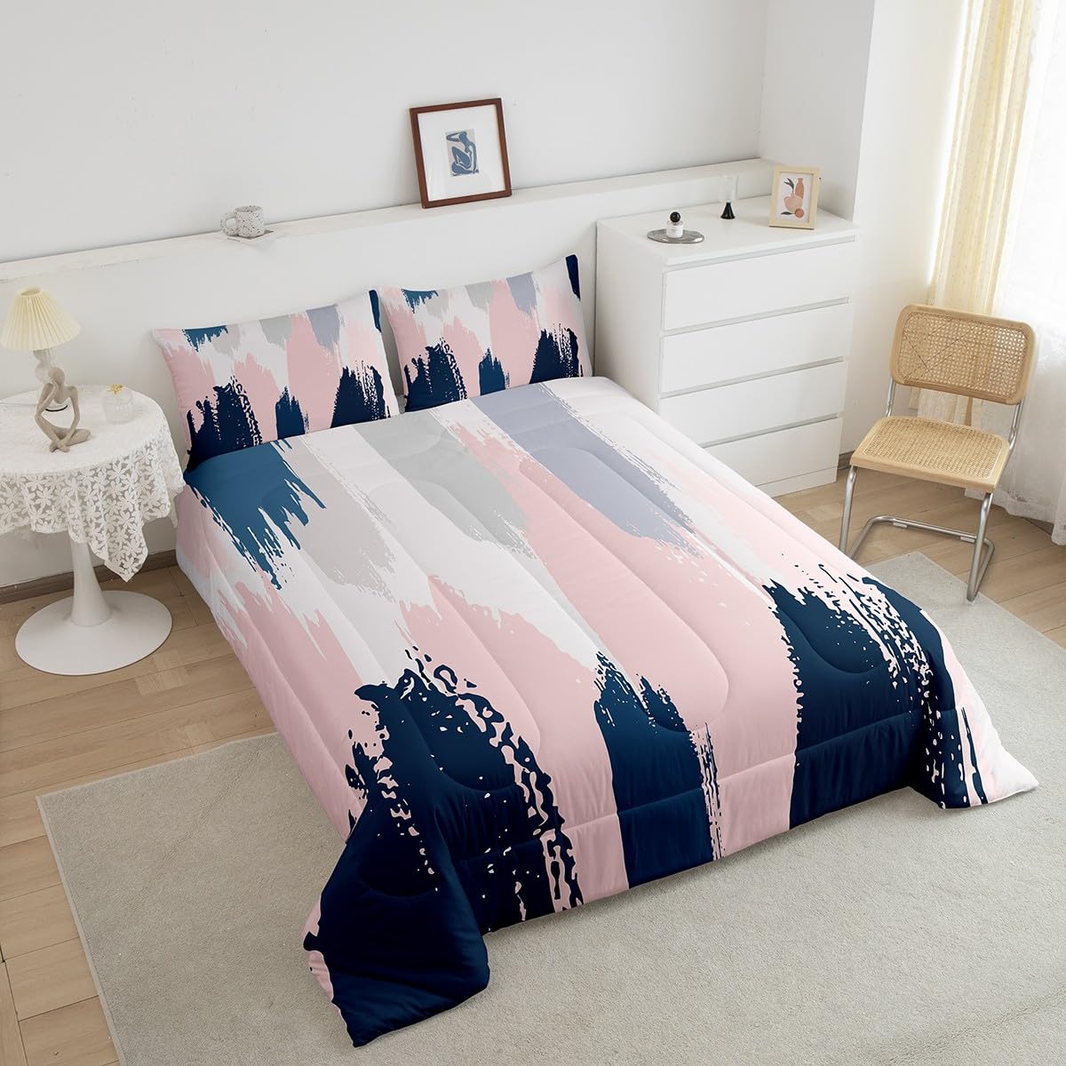 Feelyou Pink Navy Blue Graffiti Comforter Set for Girls Boys Abstract Geometric Comforter Modern Abstract Art Painting Bedding Set Artistic Smear Duvet Set Full Size Quilt Set 3Pcs