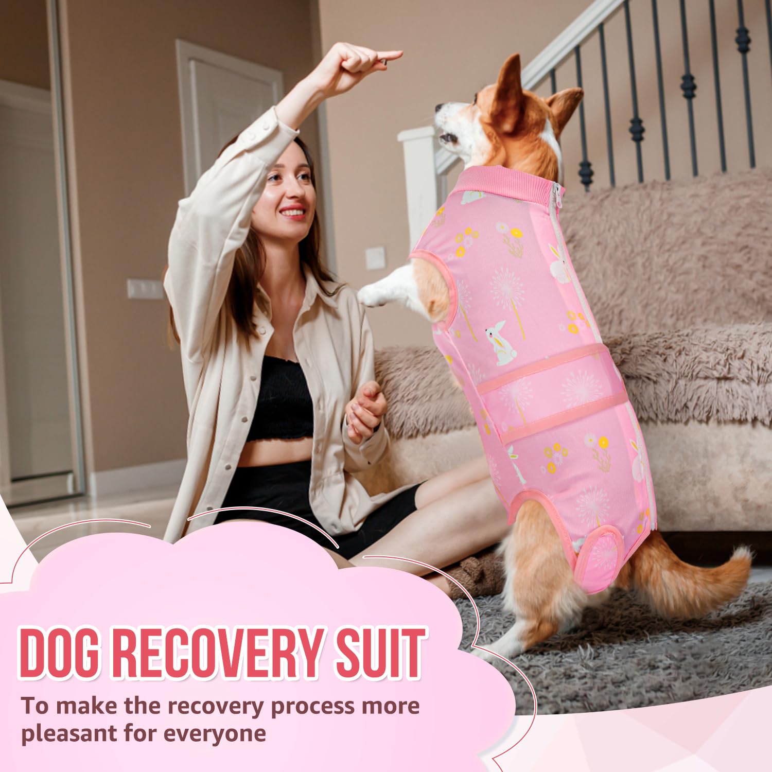 Lukovee Recovery Suit for Dogs, Zipper On Recovery Suit for Female Male Dog, Onesie Abdominal Wounds Cone E-Collar Alternative Prevent Licking Spay Recovery Suit (A-Pink,X-Small)