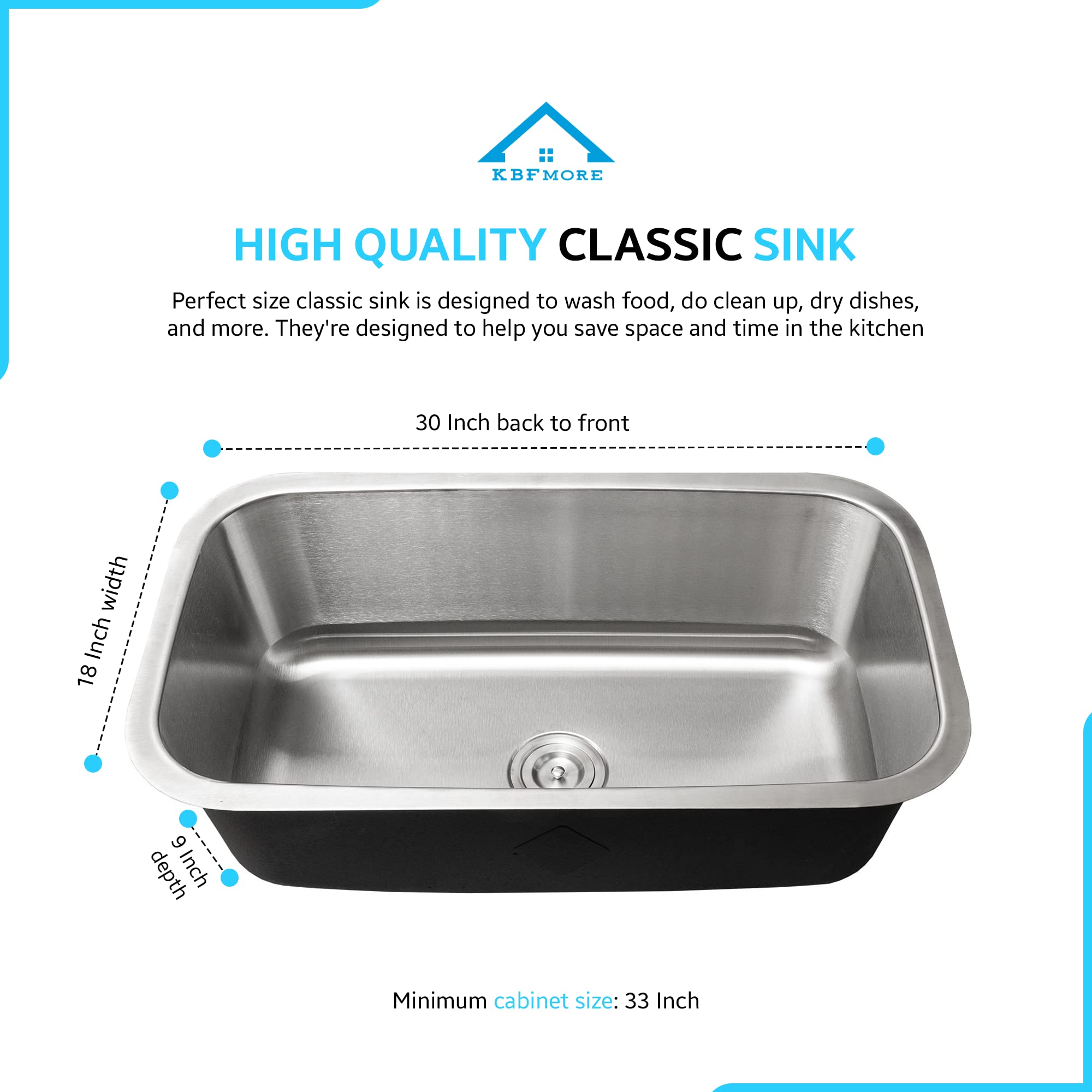 KBFmore 30 Inch Single Bowl 16 Gauge Undermount Classic Kitchen Sink, Swirl Finish Rust Resistant Sound and Heatproof Stainless Steel Sink with Sink Strainer and Bottom Sink Grid