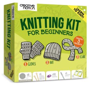 creative nation knitting kit for beginners adults - complete knit kit with full color instruction booklet, soft yarn, knitting needles, yarn needle, stitch markers (multi-creative kit, gray)