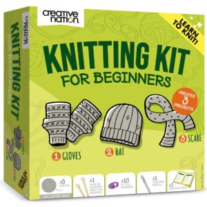 Creative Nation Knitting Kit for Beginners Adults - Complete Knit Kit with Full Color Instruction Booklet, Soft Yarn, Knitting Needles, Yarn Needle, Stitch Markers (Multi-Creative Kit, Gray)