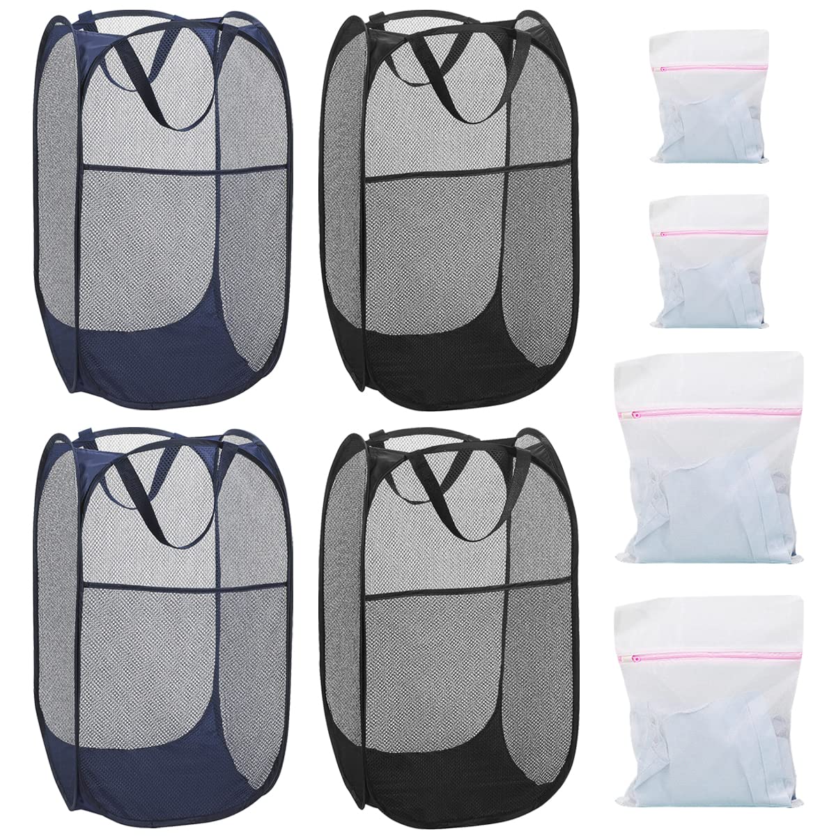 4Pcs Mesh Pop Up Laundry Hamper, FHDUSRYO Foldable Pop Up Hamper, Collapsible Laundry Basket with Carry Handles, Portable Dirty Clothes Basket with 4 Wash Bags, Mesh Hamper for Dorm Bedroom Travel