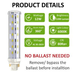 Bonlux 12W GX24Q/G24Q 4-pin Base LED Light Bulb, GX24 LED PL Recessed Light (26W CFL Equivalent) Daylight 6000K for Ceiling Light Downlights (4-Pack, Remove/Bypass The Ballast)