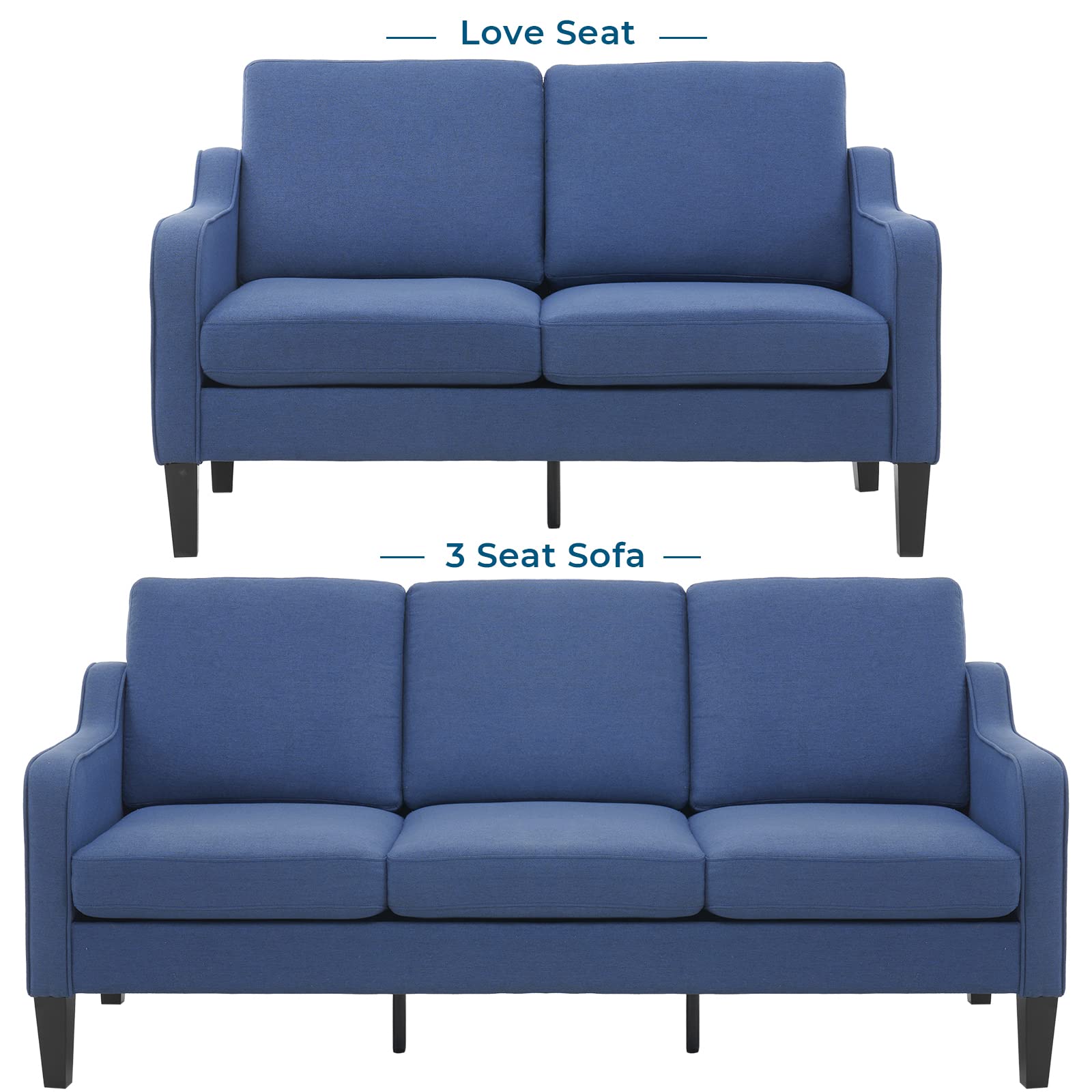 VINGLI Mid-Century Modern Loveseat and Sofa Set,53" Small Love Seat+71" Sofa Couch for Living Room,Bedroom,Apartment (Navy Blue)