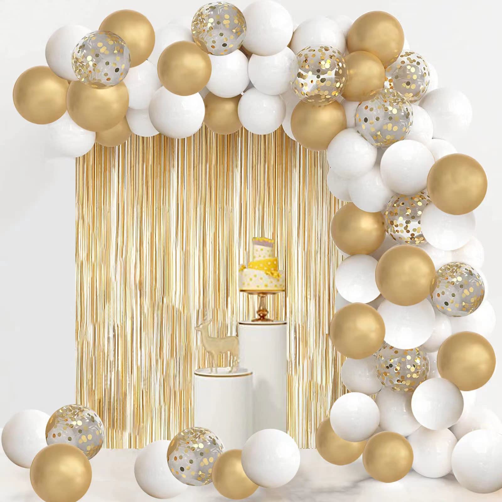 White and Gold Balloon Garland Arch Kit ， White and Gold Party Decorations with 1pcs Gold Tinsel Curtains for Graduation Party New Years Birthday Anniversary