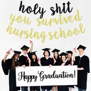 Nursing School Survivor Banner, Future Nurse, Straight Outta Nursing School, Congrats Nurse Graduation Party Decorations Black and Gold Glitter, Congrats Grad 2024