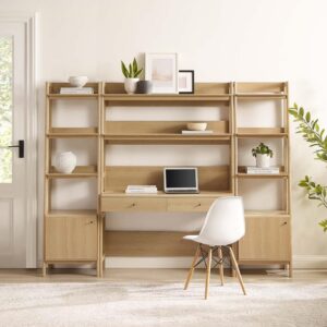 Modway Bixby 3-Piece Home Office Desk and Bookshelf Display Case in Oak