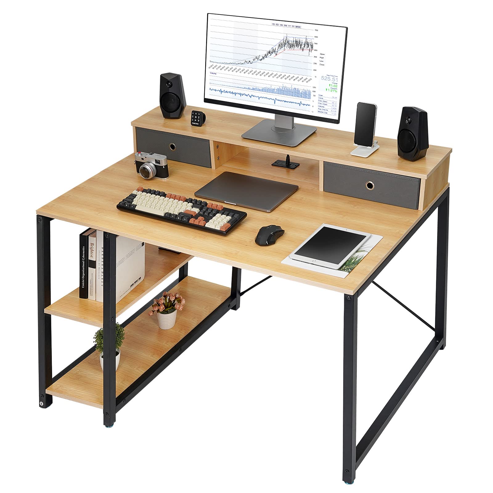 TOPSKY 47”x 31.5” Computer Desk with Drawers, Monitor Stand, Storage Shelf, 3-Port Charging Station (Bamboo)