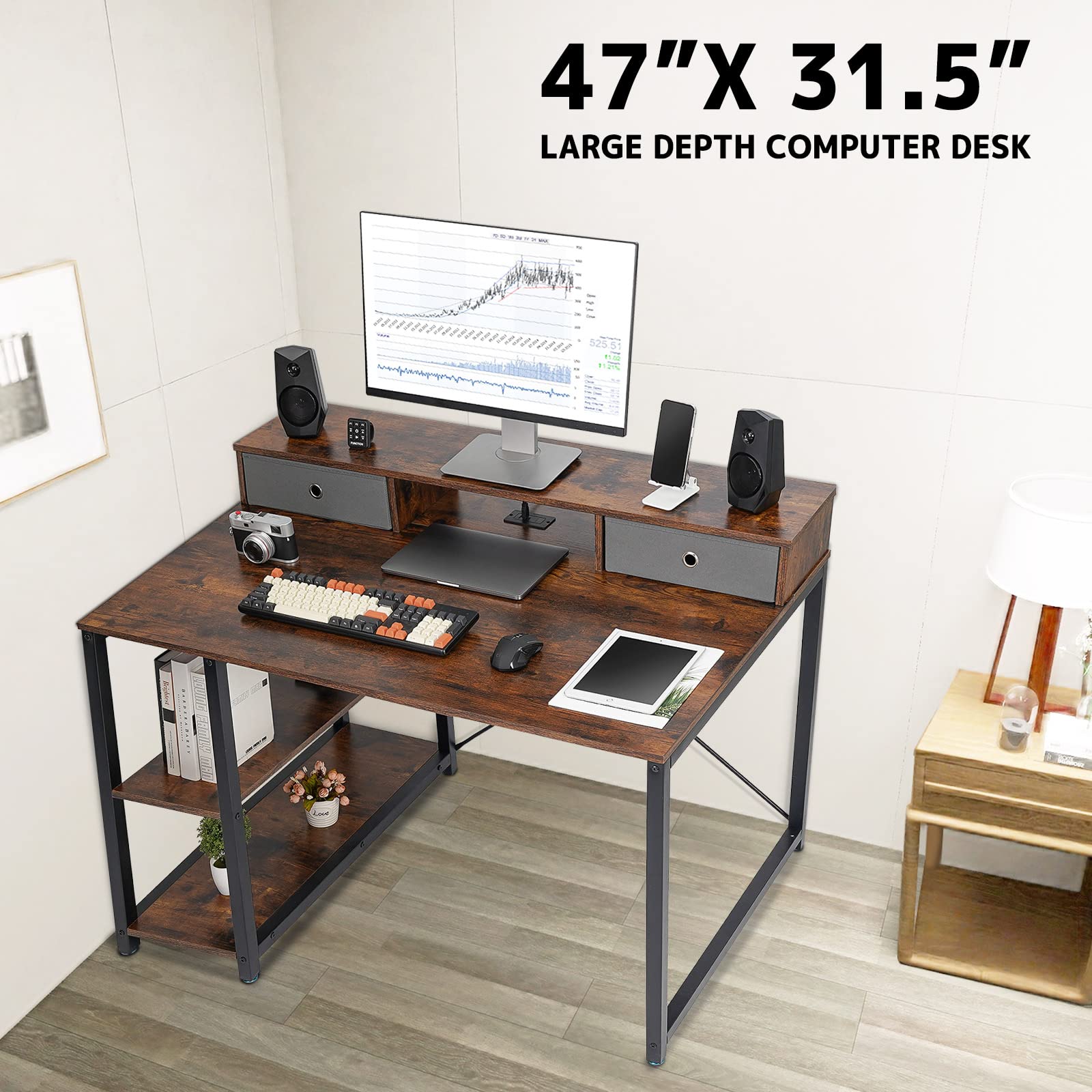 TOPSKY 47”x 31.5” Computer Desk with Drawers, Monitor Stand, Storage Shelf, 3-Port Charging Station (Bamboo)