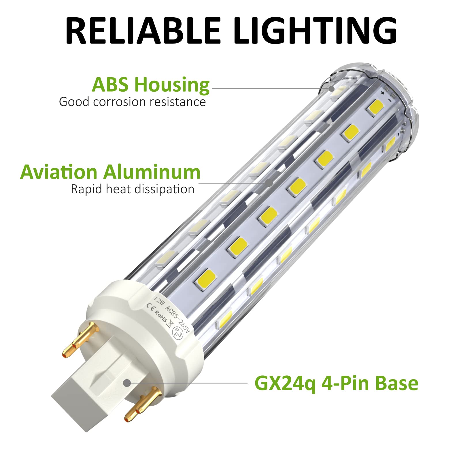 Bonlux 12W GX24Q/G24Q 4-pin Base LED Light Bulb, GX24 LED PL Recessed Light (26W CFL Equivalent) Daylight 6000K for Ceiling Light Downlights (4-Pack, Remove/Bypass The Ballast)