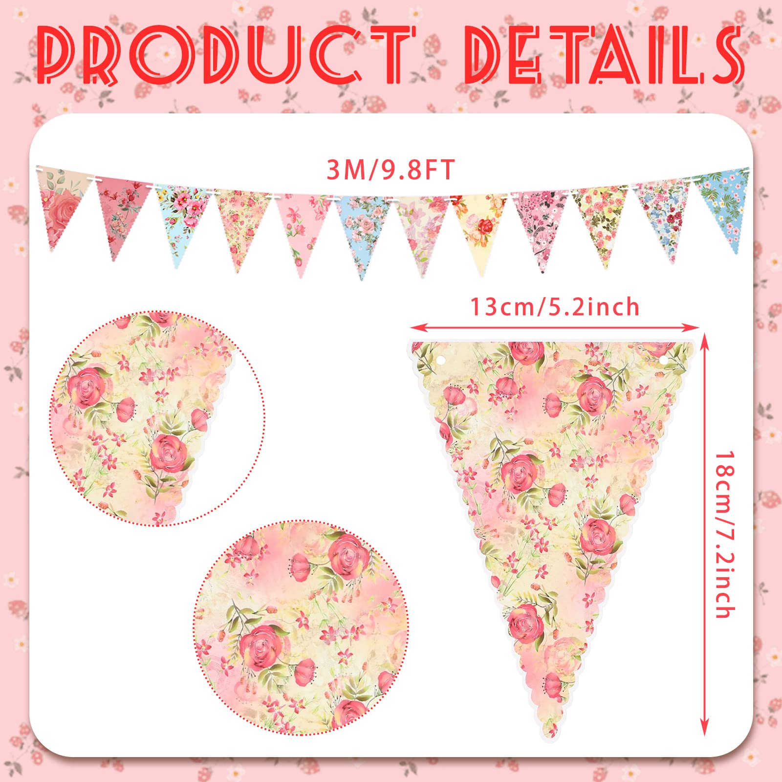 Funtery 5 Pcs Retro Bright Floral Paper Garland Chic Tea Party Garland Wildflower Garland Floral Triangle Banner for Wedding Birthday Parties Festivals Home Outdoor Hanging Decorations