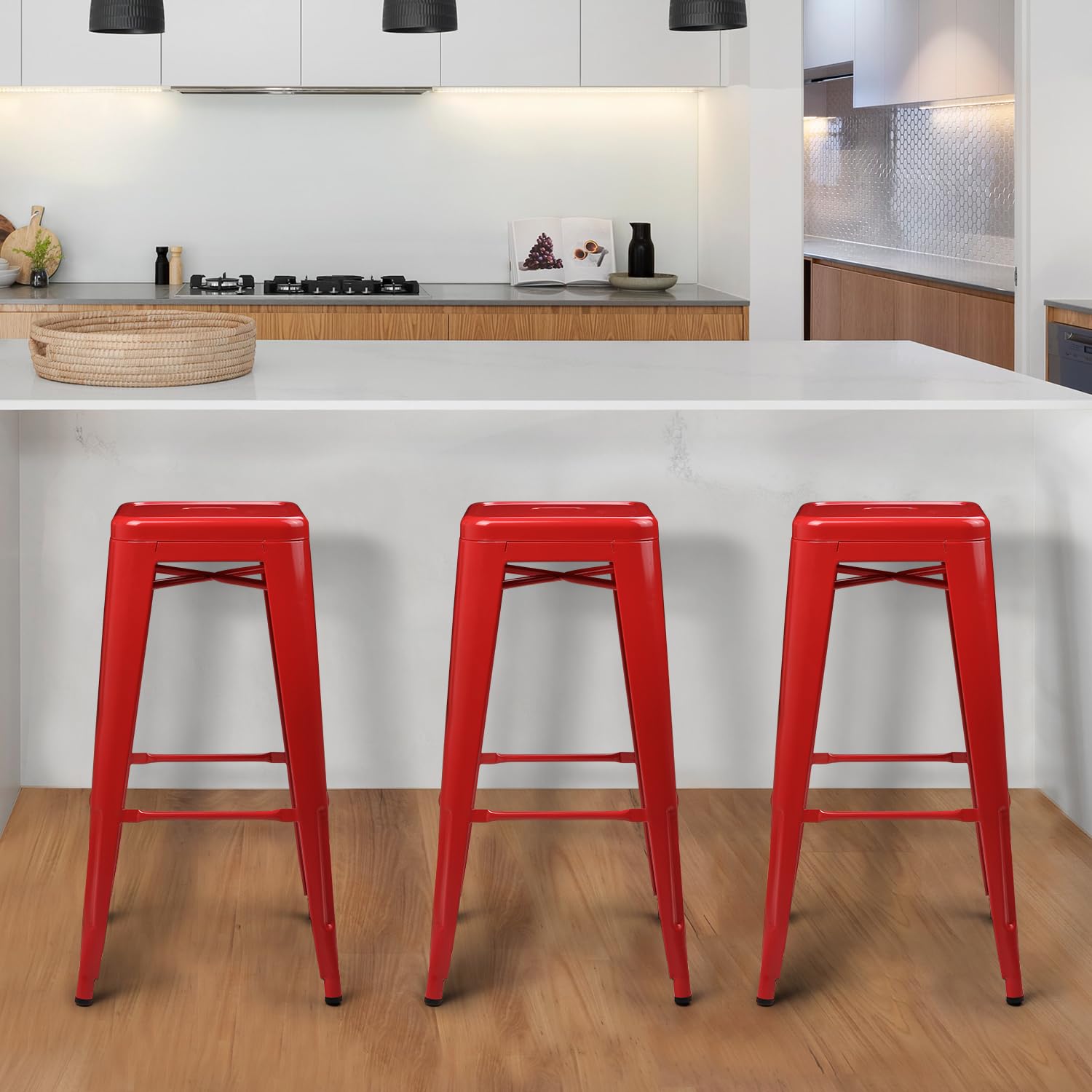 Magshion 30 Inch Barstools 4 Pack Counter Height Metal Bar Stools, Industrial Style Stackable Bartool Backless for Home Bar Counter Balcony Patio Dining Room, Red