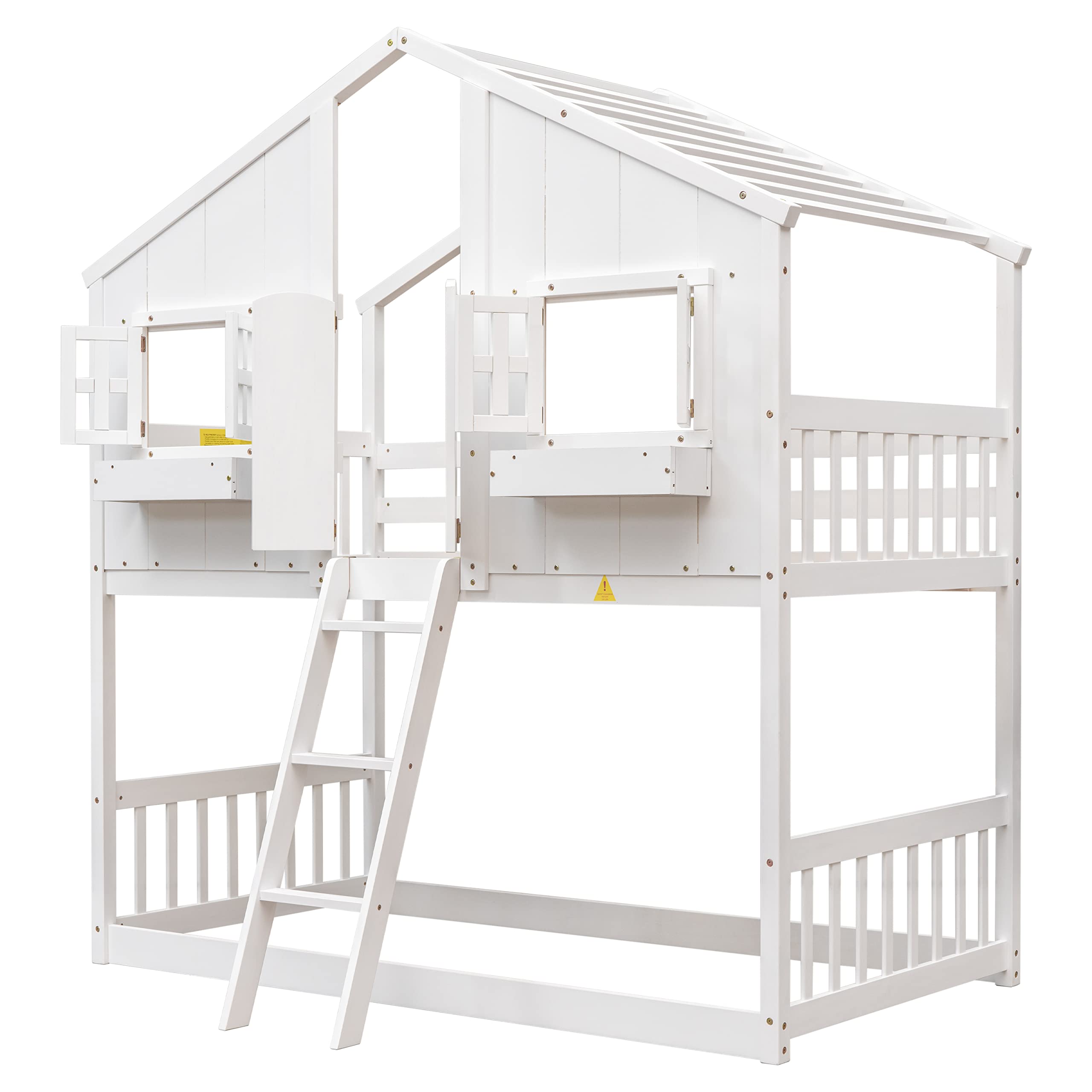 MERITLINE House Bed Bunk Beds Twin Over Twin Size,Wood Floor Bed Frame with Roof and Guard Rail for Kids, Toddlers, No Box Spring Needed(White)